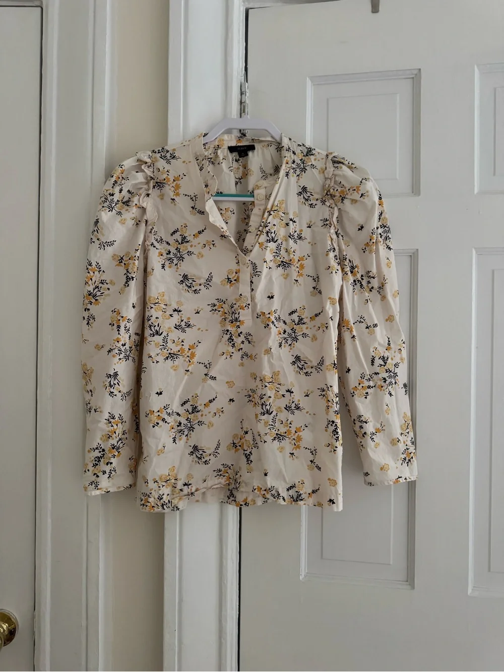 J.Crew Cream Yellow Floral Puff Sleeve Ruffle Popover Blouse Top S